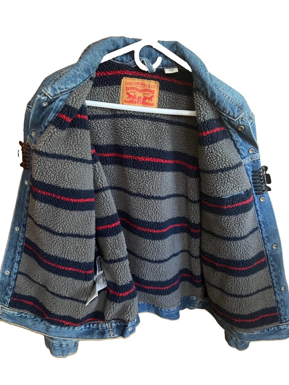 Levi’s Sherpa Denim Trucker Jacket Mens Large Striped Fleece Lined Medium Wash